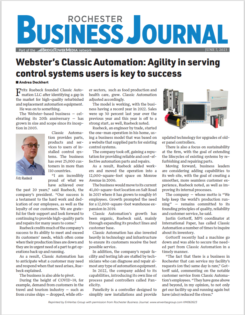 Rochester Business Journal Webster’s Classic Automation: Agility in serving control systems users is key to success